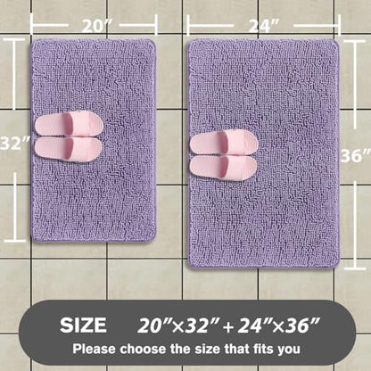 Lavender Bathroom Rugs Sets 2 Piece – Absorbent and Washable Bath Mat, Non-Slip, Thick Soft Chenille Bath Rugs for Bathroom Floor, Shower, Sink - 20" x 32"+24" x 36"