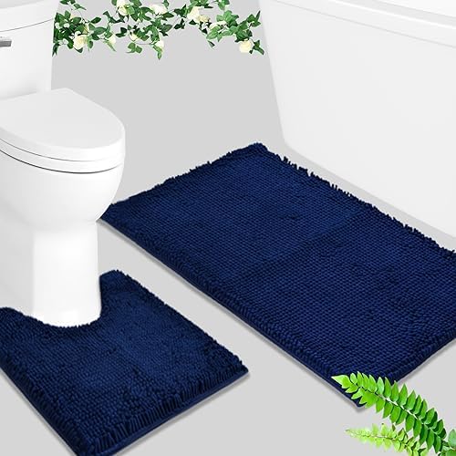 BOANKODU Bathroom Rugs Sets 2 Piece, Absorbent Bath Mat for Bathroom Very Soft Chenille Non-Slip, 32x20 + 20x20 Inch U Shape Bathroom Mat, Machine Washable Bath Rugs (Navy Blue)