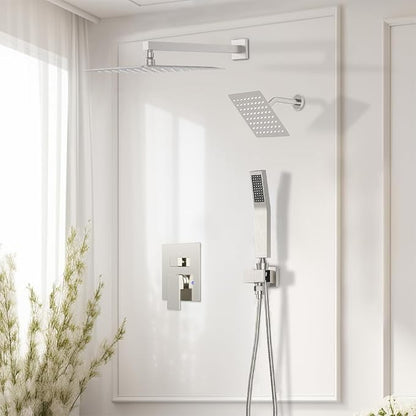 Shower System Shower Faucet Set, STARBATH 12"+6" Wall Mount Rain Shower Head and Handheld Spray for Two Person, Rainfall Shower System with Diverter Valve and Trim Kit Complete,Brushed Nickel