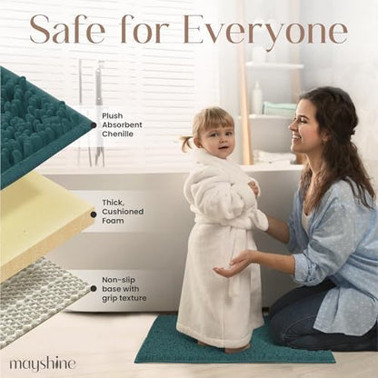 MAYSHINE Large Plush Shaggy Chenille Bath Mat, 39"x24", Extra Soft, Super Absorbent, Non-Slip Bathroom Rug, Fluffy Microfiber, Area Rug Sets for Bathroom Floor, Kitchen, Living Room, Teal