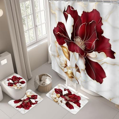 Burgundy Red Maroon Marble Floral 4Pcs Bathroom Shower Curtain Set with Rug