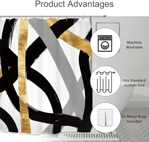 Abstract Modern Shower Curtain 60Wx72L Inch Black Gray Gold Minimalist Contemporary Art Geometric Neutral Bathroom Set Accessories Decor with 12 Pack Hooks