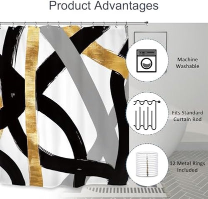 Abstract Modern Shower Curtain 60Wx72L Inch Black Gray Gold Minimalist Contemporary Art Geometric Neutral Bathroom Set Accessories Decor with 12 Pack Hooks