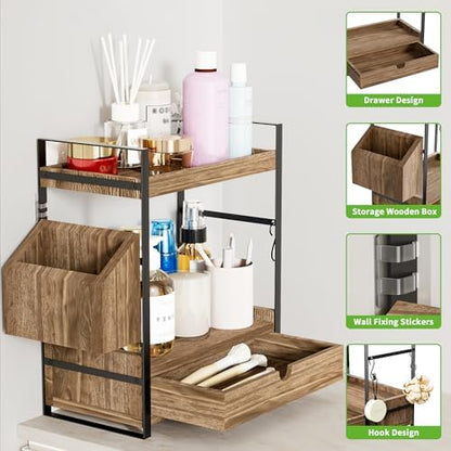 2-Tier Bathroom Counter Organizer, Wooden Vanity Shelf with Drawer & Basket