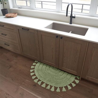 Beautiful Boho Rug with Tassels - Soft Half Circle Cotton Bathroom Mat