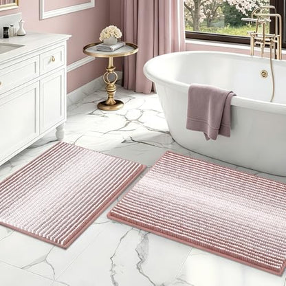 BSICPRO Bathroom Rugs Sets 2 Piece, Non Slip Striped Bath Mats, Mist Pink