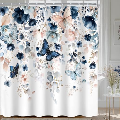 Extra Long Blue Pink Floral Butterfly Bathroom Shower Curtain Set