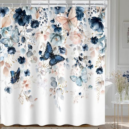 Extra Long Blue Pink Floral Butterfly Bathroom Shower Curtain Set