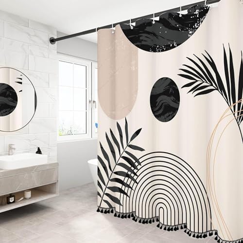 Boho Mid Century Leaf Shower Curtain Set,Arch Sun Design,Minimalistic Leaves Pattern,Waterproof and Luxurious Fabric-12 Hooks(Black and White-72" x 96")