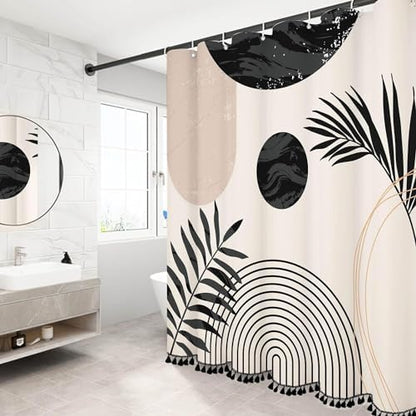 Boho Mid Century Leaf Shower Curtain Set,Arch Sun Design,Minimalistic Leaves Pattern,Waterproof and Luxurious Fabric-12 Hooks(Black and White-72" x 96")
