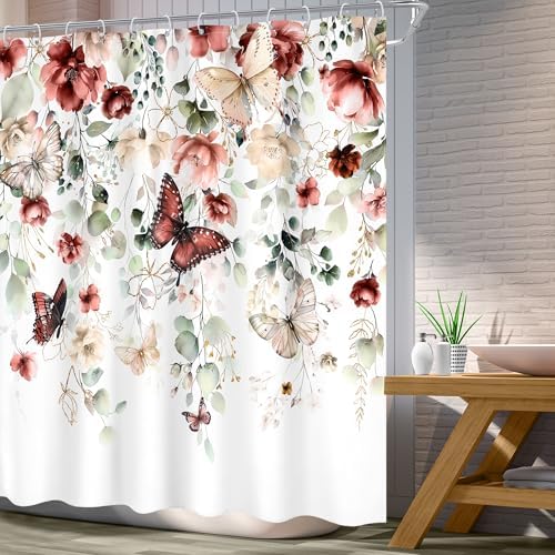 Red Floral Butterfly Summer Spring Plant Bathroom Shower Curtain Set
