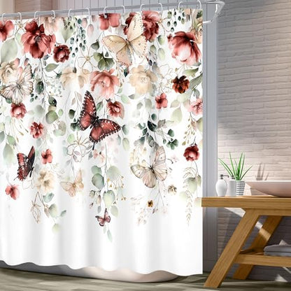 Red Floral Butterfly Summer Spring Plant Bathroom Shower Curtain Set