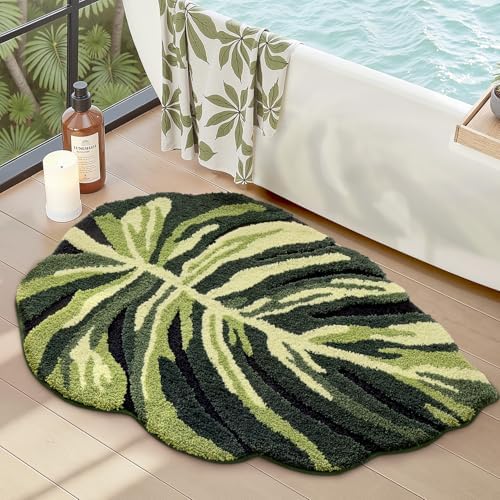 LUMI Cute Bathroom Rug Green Leaf, Absorbent Non Slip Bath Mat, 24"x32"