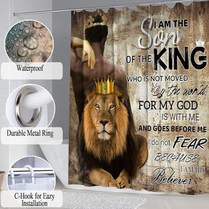 4Pcs Lion King Shower Curtain Set, Fathers Day Inspirational Black Man Bathroom Decor Shower Curtains and Rugs Toilet Lid Cover Bath Mat, Waterproof Africa American Shower Curtain for Man