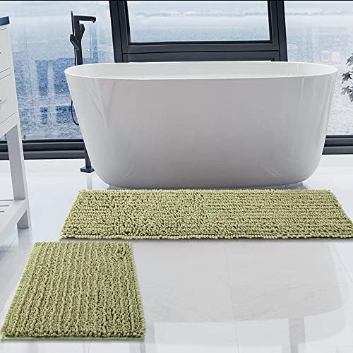 Luxury Chenille Light Sage Green Bathroom Rugs Sets 2 Piece, Thickened Hot Melt Rubber Bottom Bath Mats for Bathroom Non Slip,Bath Rugs Quick Dry Machine Washable for Shower Mat (47"x17"+17"x24")