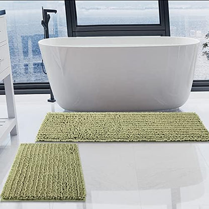 Luxury Chenille Light Sage Green Bathroom Rugs Sets 2 Piece, Thickened Hot Melt Rubber Bottom Bath Mats for Bathroom Non Slip,Bath Rugs Quick Dry Machine Washable for Shower Mat (47"x17"+17"x24")