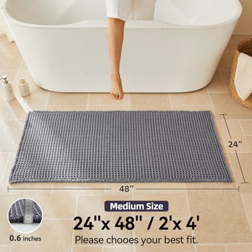 Triohero Waffle Bath Mat, Boho Bathroom Rugs Non Slip, 24x48 Dark Grey