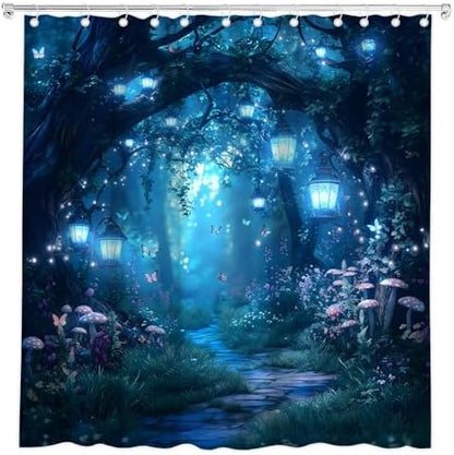 Fantasy Forest Path Shower Curtain Blue Fairy Magical Enchanted Misty Jungle Mushroom Floral Tree Butterfly Lantern Wonderland Bath Curtain Fabric Bathroom Accessories Decor with Hooks 70W x80L