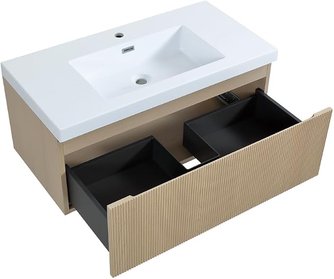 36 Inch Floating Bathroom Vanity with Sink, Wall-Mounted Striped Storage Cabinet with Soft-Close Drawer, Glossy White Solid Surface Basin, Fully Assembled, Natural Oak Finish
