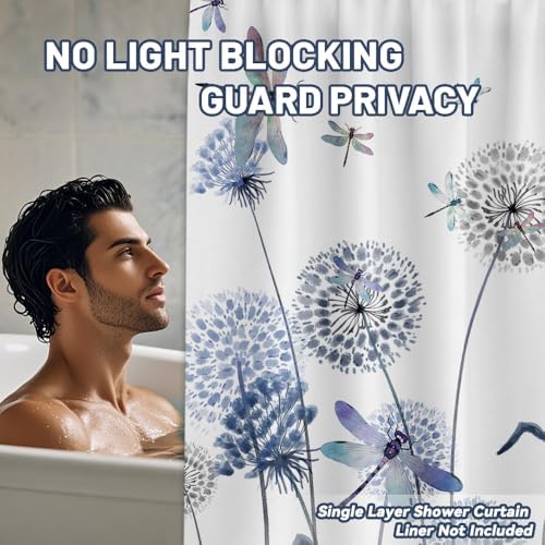 Navy Blue Dandelion Shower Curtain Spring Dark Blue Dragonfly Grey White Watercolor Shower Curtains for Bathroom Decor, Waterproof Cloth Fabric with Hooks 70" Wx72 L