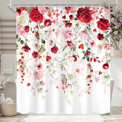 Mother Day Women Red Pink Rose Bathroom Shower Curtain Set