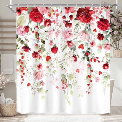 Mother Day Women Red Pink Rose Bathroom Shower Curtain Set