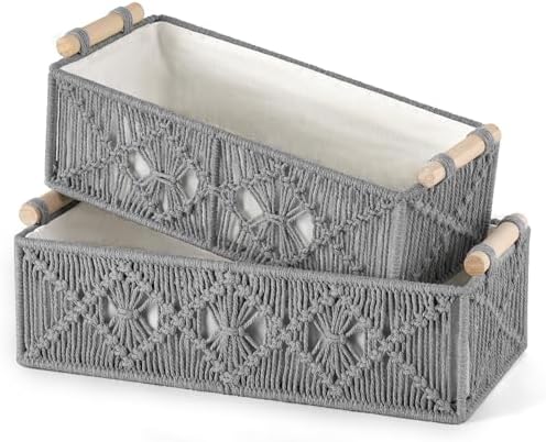 Mkono 2Pc Macrame Storage Basket, Boho Decor Toilet Paper Holder, Grey