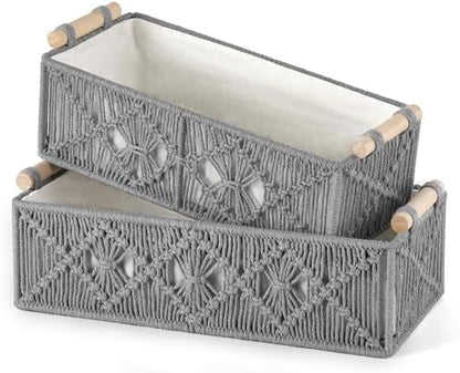 Mkono 2Pc Macrame Storage Basket, Boho Decor Toilet Paper Holder, Grey