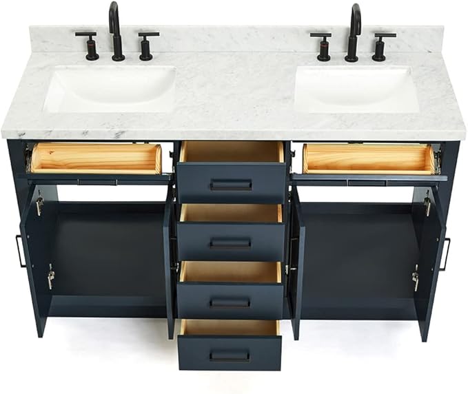 ARIEL Hepburn 60-inch Bathroom Vanity with Sink,Solid Wood, 1.5-inch Italian Carrara Marble Countertop, Double Rectangular Porcelain Sink, 4 Soft Closing Doors, 6 Dovetail Drawers, Midnight Blue