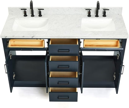 ARIEL Hepburn 60-inch Bathroom Vanity with Sink,Solid Wood, 1.5-inch Italian Carrara Marble Countertop, Double Rectangular Porcelain Sink, 4 Soft Closing Doors, 6 Dovetail Drawers, Midnight Blue