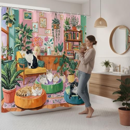 Boho Cute Cat Shower Curtain for Bathroom 72x72 Inch