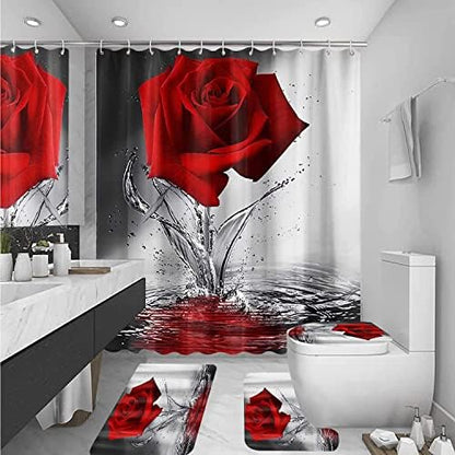 4Pcs Red Rose Shower Curtain Sets, Romantic Water Red Rose Bathroom Sets with Shower Curtain and Rugs Toilet Lid Cover Bath Mat, Waterproof Fabric Shower Curtains with Hooks