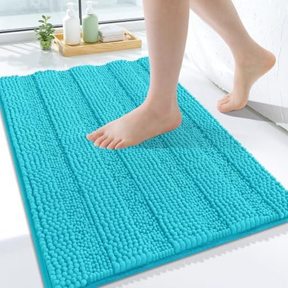Grandaily Chenille Striped Bathroom Rugs 24x16, Extra Thick and Soft Absorbent Bath Mats, Rubber Backing, Plush Shaggy Shower Carpet, Machine Wash Dry, Bath Rug for Bathroom, Aqua Sky