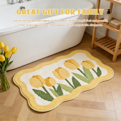 Wave-Shaped Tulip Bath Mat, Soft Non-Slip Fluffy Fresh Flowers Bathroom Rug, Ultra Absorbent Microfiber Shaggy Doormat, Machine Washable Floral Bath Rug for Bathroom Bedroom 20x32 Inch (Wave Yellow)