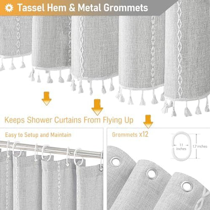 BTTN 72 x 80 Boho Linen Heavy Duty Cloth Shower Curtain Set, Grey/Gray