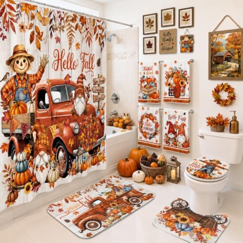 FuWeave 8Pcs Hello Fall Shower Curtain Set, Vintage Truck Gnome Scarecrow Pumpkin Bathroom Decor, Includes Non-Slip Bath Rug, U-Shaped Mat, Toilet Lid Cover, Towels & 12 Hooks, Autumn Harvest Decor