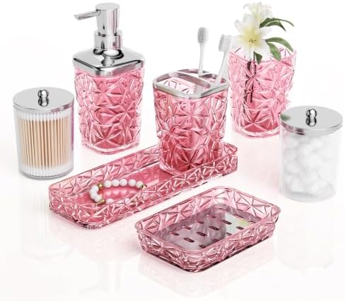 Pink Bathroom Accessories 7 Pcs, Pink Bathroom Set, Acrylic Soap Dispenser and Toothbrush Holder Set, Qtip Holder Set, Bathroom Sink Set, Gift for Home Apartment