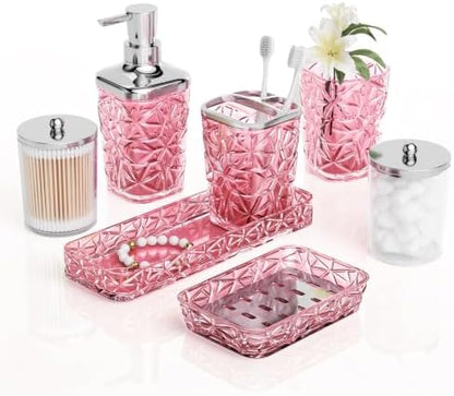 Pink Bathroom Accessories 7 Pcs, Pink Bathroom Set, Acrylic Soap Dispenser and Toothbrush Holder Set, Qtip Holder Set, Bathroom Sink Set, Gift for Home Apartment