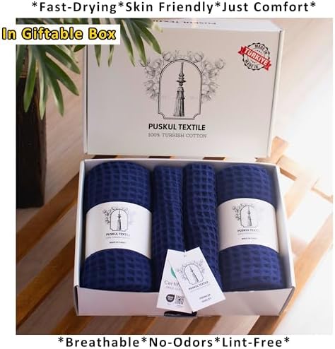 PÜSKÜL Natural 100% Turkish Cotton Waffle Towels Set of 4-Piece, Navy Blue