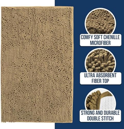 Muddy Mat® | Chenille Bathroom Rugs Quick Dry Microfiber Mats Non Slip Washable, Extra Thick, Soft and Highly Absorbent Bath Mats for Bathroom, Kitchen, and Shower Floor - Beige 18"x28"