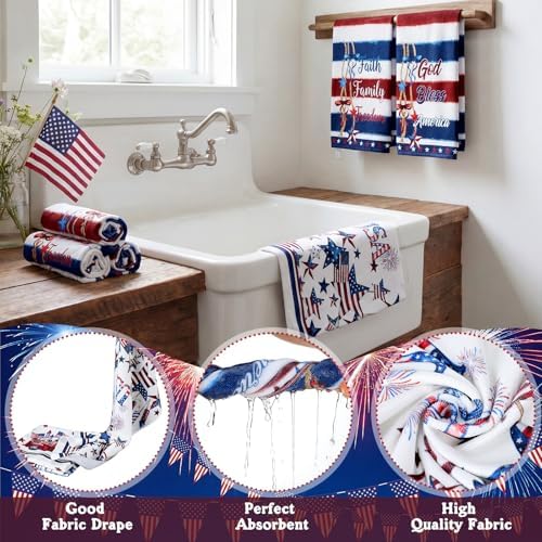 FuWeave 8 Pcs 4th of July & Memorial Day Shower Curtain Set, 250th Anniversary Patriotic Bathroom Decor, White Red Blue Star Flag American Bathroom Set with Towel, Rug, Toilet Lid Cover & 12 Hooks