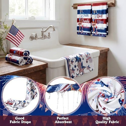 FuWeave 8 Pcs 4th of July & Memorial Day Shower Curtain Set, 250th Anniversary Patriotic Bathroom Decor, White Red Blue Star Flag American Bathroom Set with Towel, Rug, Toilet Lid Cover & 12 Hooks