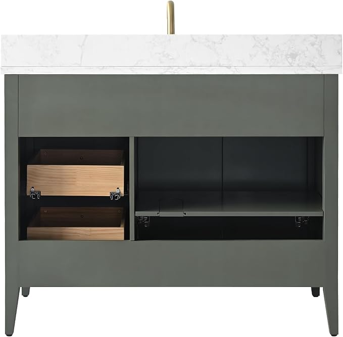 Vanity Art 42 inch Bathroom Vanity with Single Sink & Ceramic Top, Vanity Cabinet with Soft-Closing Door, Solid Wood Frame, Linear Pattern, Vintage Green, Golden Brushed Handware VA9142-VG-GB