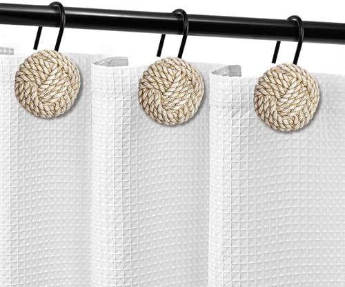 Sunlit Boho Knots Shower Curtain Hooks, Home Decorative Shower Curtain Rings with Black Hooks for Bathroom, Seaside Nautical Shower Curtain Hangers Bathroom Accessories, Set of 12