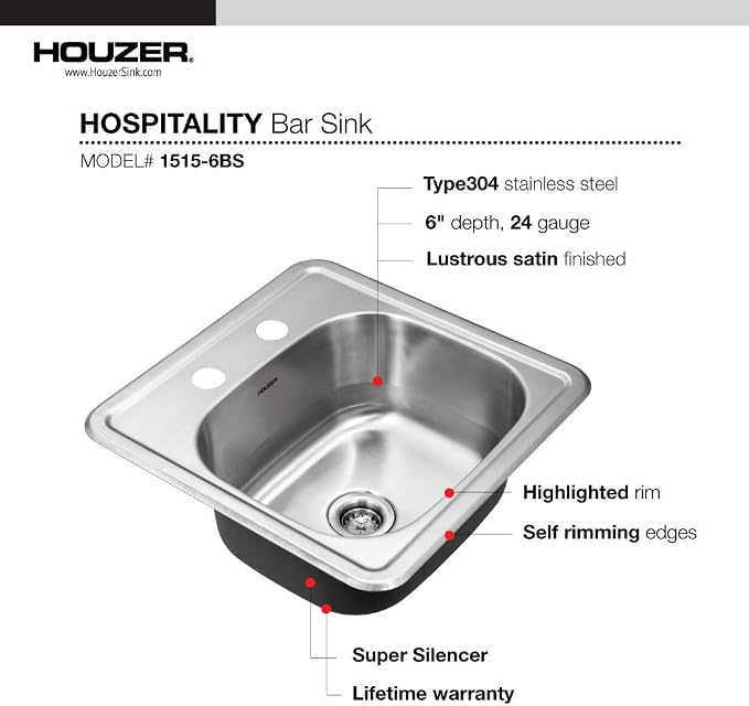 Houzer Hospitality Stainless Steel Bar & Prep Sink: 15 Inch Drop-In Topmount 2-Hole Sink for Bar & Kitchen, Durable & Versatile, Essential for Home & Apartment: 1515-6BS-C