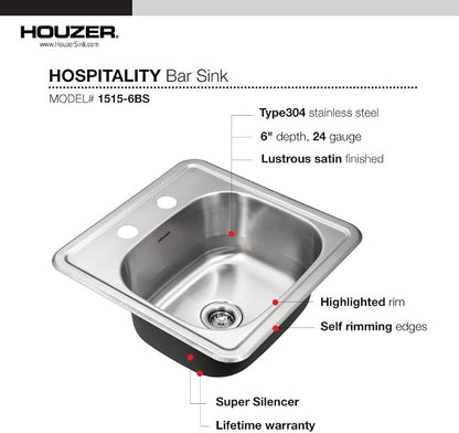 Houzer Hospitality Stainless Steel Bar & Prep Sink: 15 Inch Drop-In Topmount 2-Hole Sink for Bar & Kitchen, Durable & Versatile, Essential for Home & Apartment: 1515-6BS-C