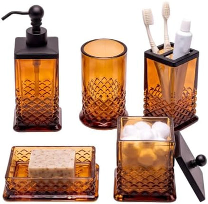JKE Heavy Glass 5Pcs Amber Bathroom Set Accessories Vintage