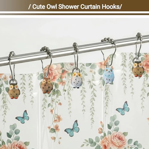 12Pcs Owl Shower Curtain Hooks Decorative for Curtain Rods, Cute Animals Shower Curtain Rings, Silver Stainless Steel Metal Shower Curtain Hanger Hooks, Kids Whimsical Bathroom Decor Accessories