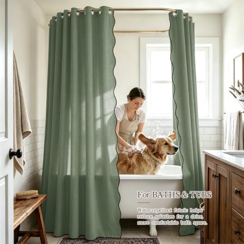 Furlinic Extra Long Shower Curtain Scalloped No Hook Olive Green W72 x H96