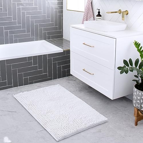 FRESHMINT Chenille Bathroom Rugs Mat 24"x17", Non-Slip Bath Mat for Bathroom Floor, Washable Soft Thick Water Absorbent Microfiber Shower Mat, White